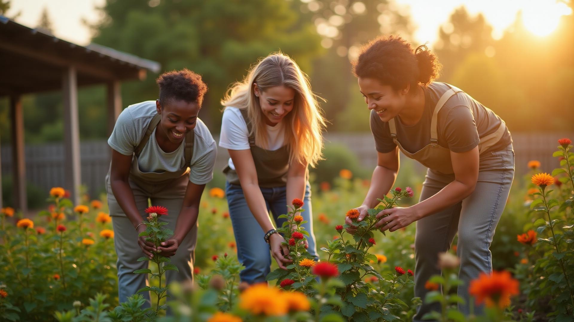 Diverse volunteers working together in community garden